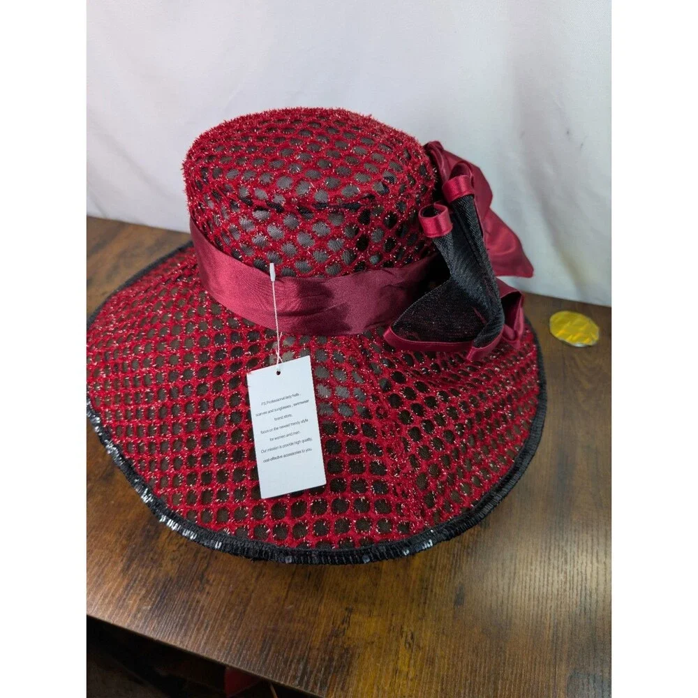 NWT FS Professional Ladies Hat Red Black Wide Brim Kentucky Derby Church Tea